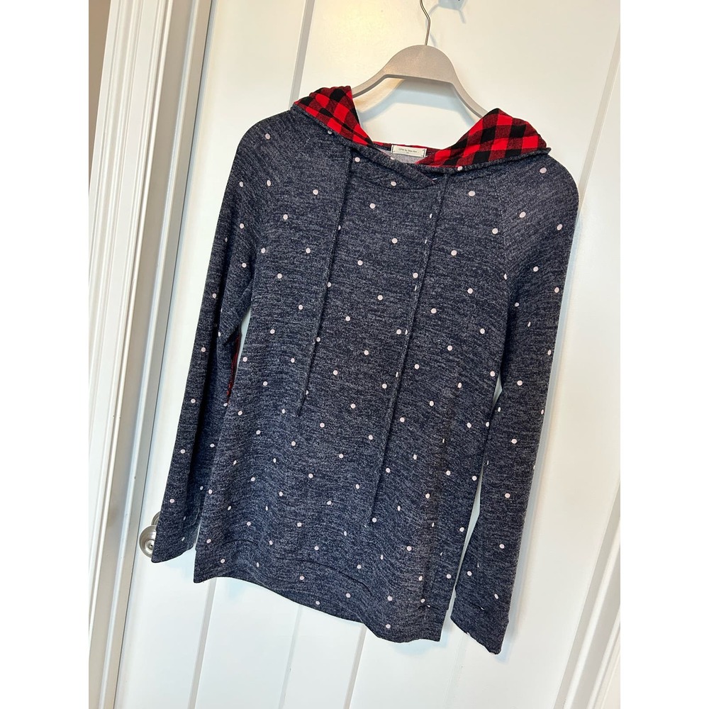 12pm by Mon Ami Polka Dot Plaid Patches Hooded Sweater Gray Red SZ small